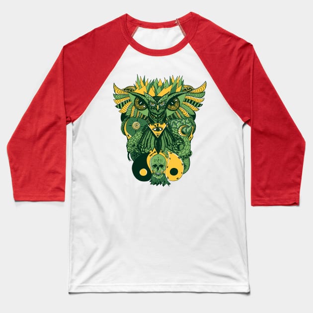 Forrest Green Owl And Ageless Skull Baseball T-Shirt by kenallouis